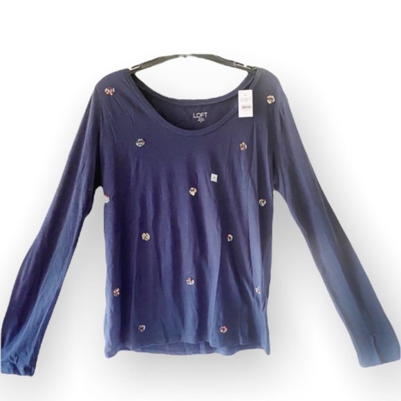 Ann Taylor Loft Womens Top Navy Blue Sequin Long Sleeve Cotton Tee Medium Small - Picture 10 of 10